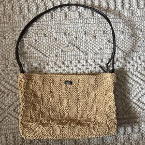 The SAK Tan Woven Shoulder Bag with brown leather straps